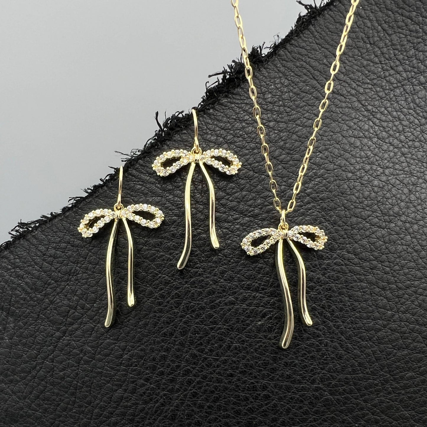 Gold Long Pavé CZ Bow Earrings