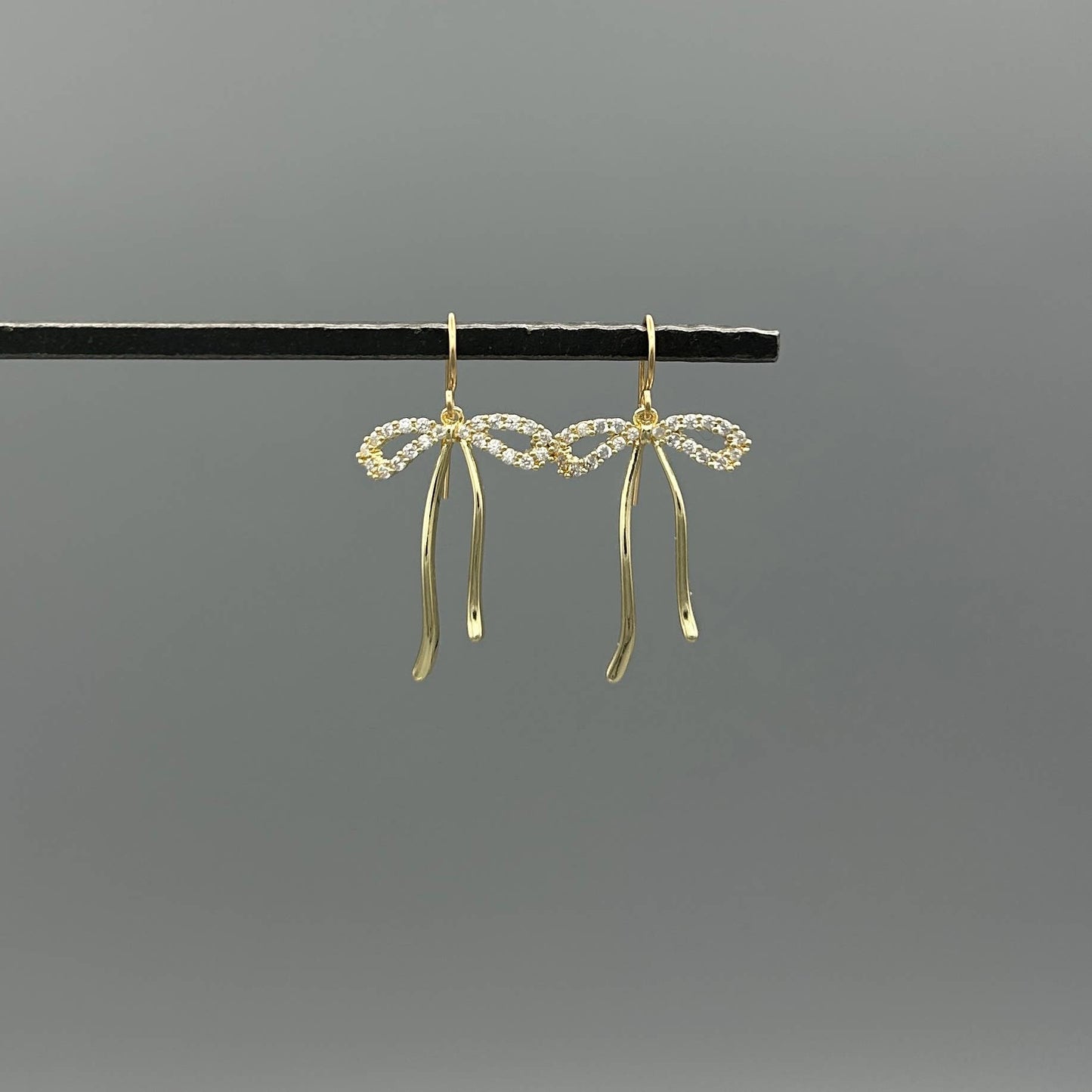 Gold Long Pavé CZ Bow Earrings