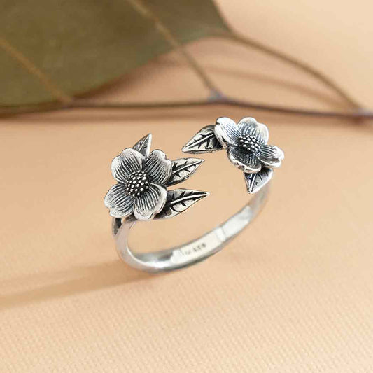 Sterling Silver or Bronze Adjustable Two Flower Dogwood Ring