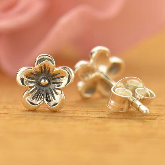Sterling Silver or Bronze Cherry Blossom Stud Earrings 6x6mm