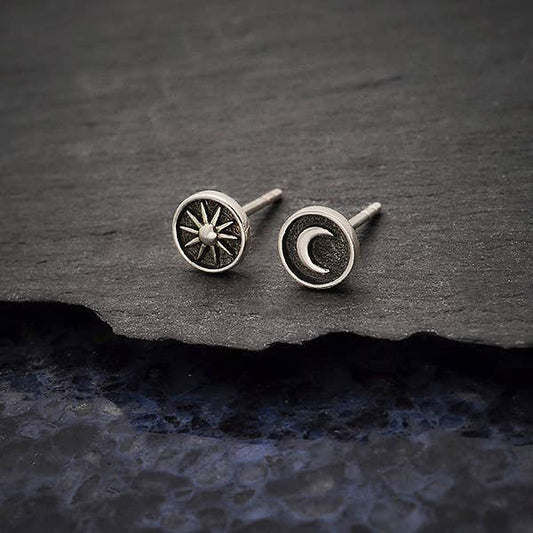 Silver or Bronze Raised Sun and Moon Post Earrings 6x6mm