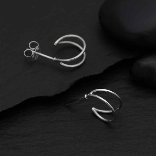 Sterling Silver Double Huggie Hoop Post Earrings 10x5mm