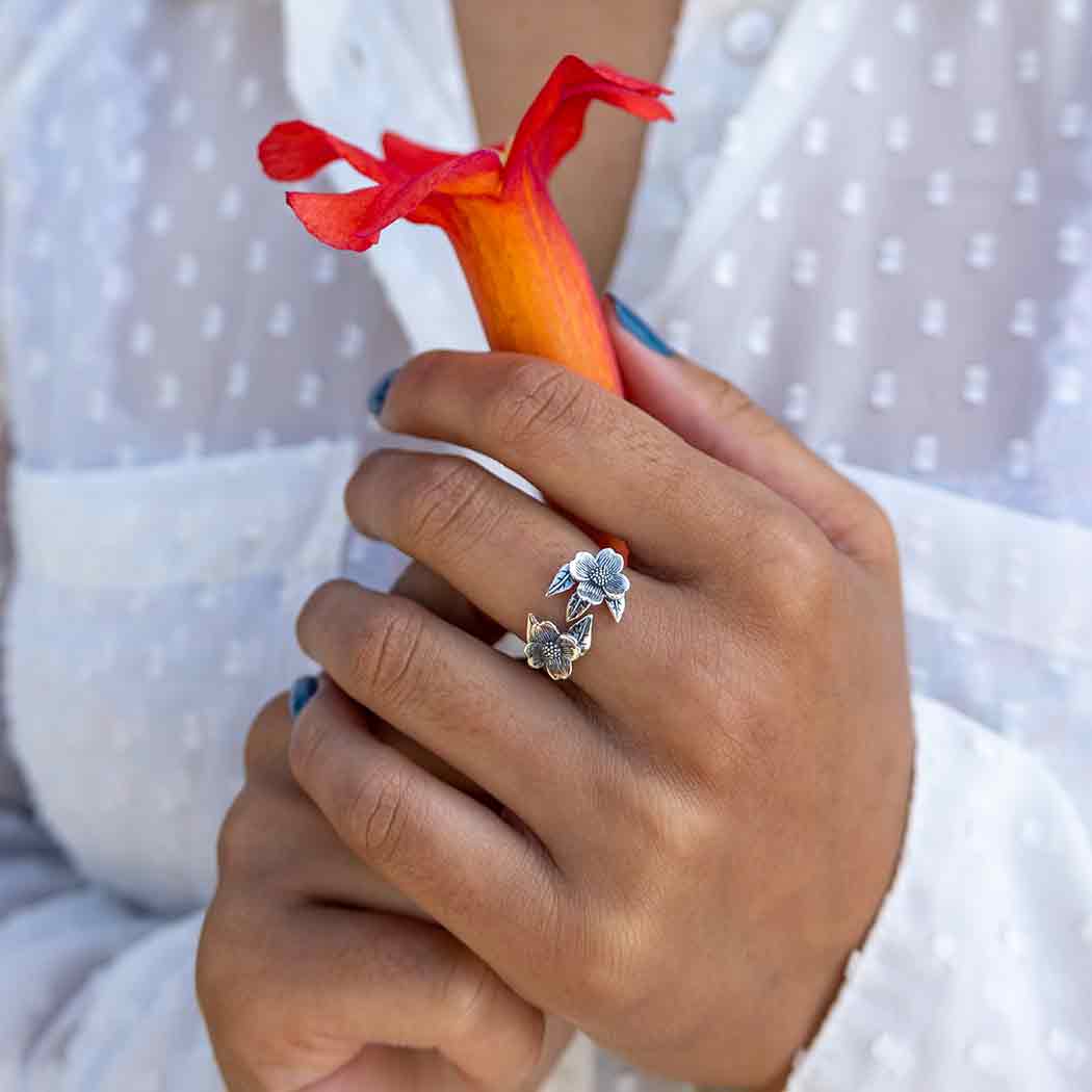 Sterling Silver or Bronze Adjustable Two Flower Dogwood Ring